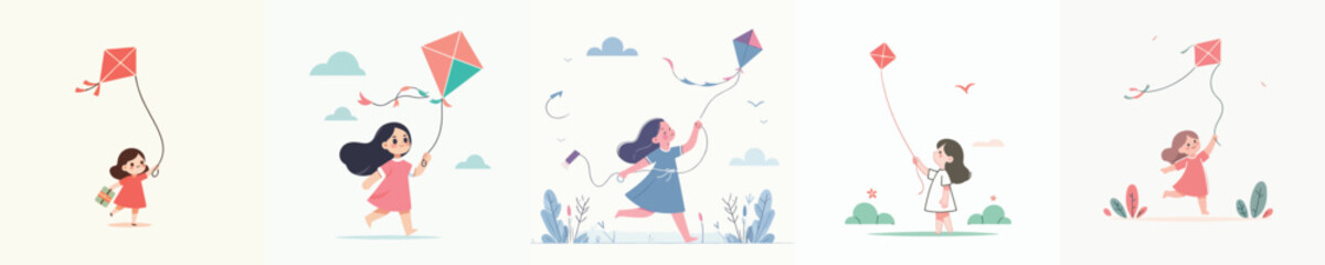 Vector of a beautiful, full body woman playing a kite happily