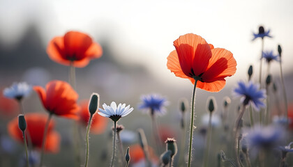 Vibrant red poppies and other wildflowers in full bloom, bathed in sunlight.