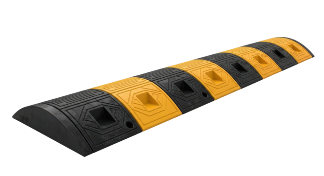 Black and yellow speed bump for traffic safety, road surface marking. Traffic control, urban planning concept. Road safety equipment for website design, banner, poster.