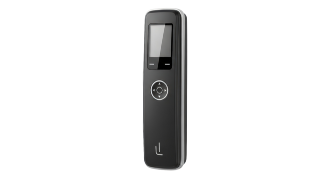 Modern black electronic remote control with LCD screen. Sleek design. For smart home automation and technology use.