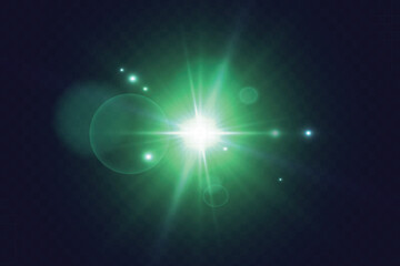 Abstract glow and lens flare effect for illustrations and game interface design. Bright green glow of light lens reflection. Vector