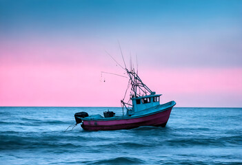 Fishing boat on sea in morning. Food industry