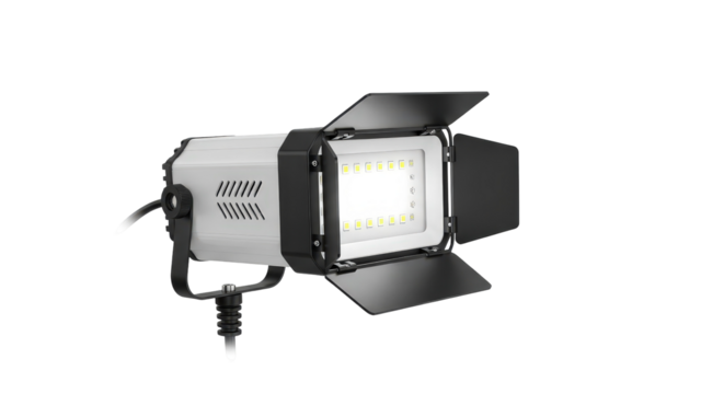 Studio LED light with barn doors for photography and video. Professional equipment. Cinematography and filmmaking. For design, advertising, blog or web banner.