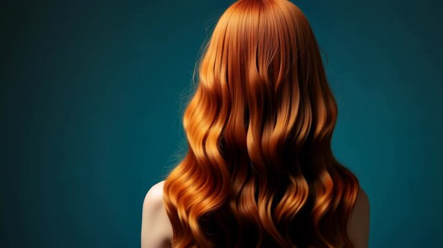A woman with long red hair is blowing her hair in the wind