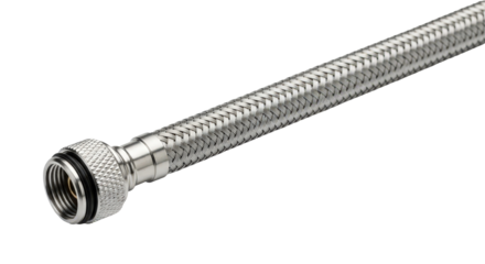 Stainless steel flexible water hose for plumbing. Sanitary engineering concept for bathroom and kitchen design. Home improvement hardware. Silver metallic material.