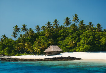 Tropical island with hut and palms surrounded by ocean blue water