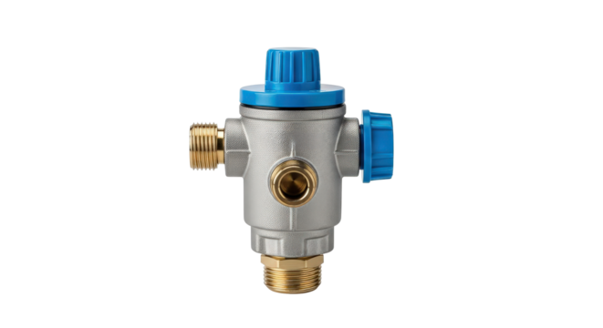 Pressure reducing valve with blue trim, industrial plumbing component for fluid control, system maintenance, design, part, technology.