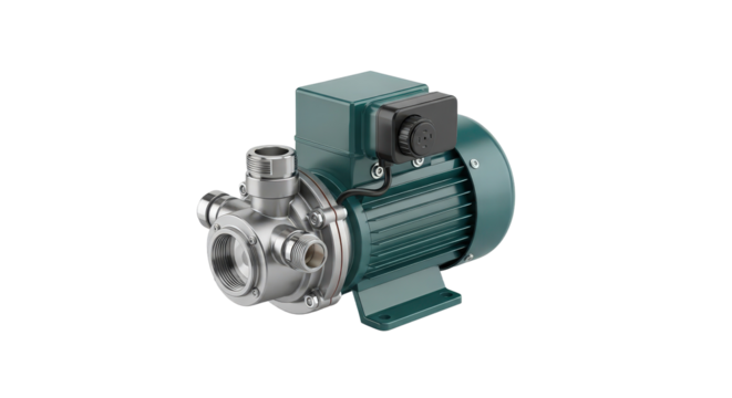 Stainless steel water pump for industrial applications. Powerful electric motor equipment on black background for water supply and pumping. Isolated design element.