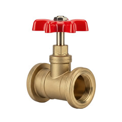 Brass gate valve with red handle for plumbing, industrial and home applications. Stopcock for pipeline system. Isolated on transparent background.