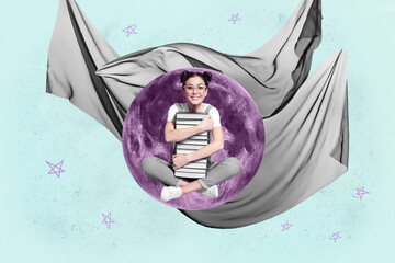 Full 3d poster art collage of happy girl guy stand space galaxy moon planet cosmos discovery...