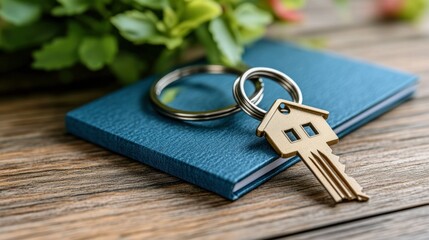 Teal notebook, house-shaped key, and keys on wooden surface