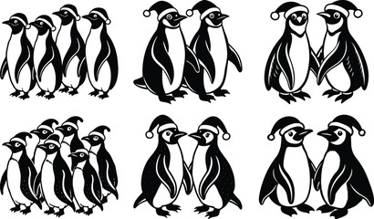 Fototapeta premium Adorable Penguins Wearing Santa Hats Christmas Illustration