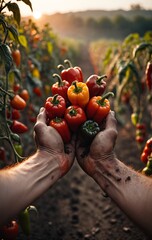 Harvest. Hands with red bell peppers vegetable against field