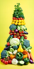 Assorted of vegetables in shape of tree. Flat lay