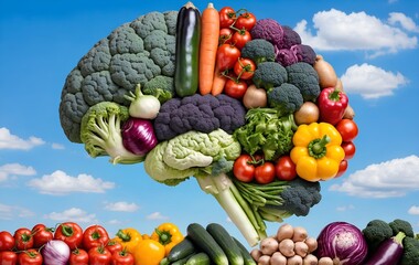 Variety of vegetables are arranged to form human brain.
