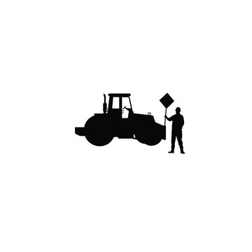 Silhouette of a road roller with flagman on white background