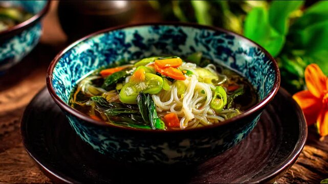 Delicious noodle soup in a beautifully patterned bowl.
