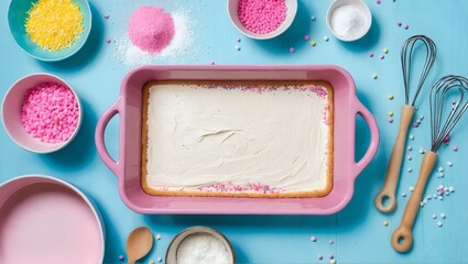 Bakery and pastel colored ingredients for decoration on table. Sweet pastry baking concept.