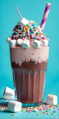 Chocolate shake dessert with whipped cream, marshmallows and candies on top