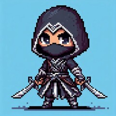 Assassin character illustrator design with dual dagger weapons, pixel art