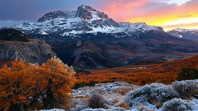 Majestic mountain range at sunrise, snow-capped peaks, vibrant autumn colors, frost-covered landscape footage