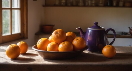 Cozy rustic kitchen interior with warm lighting, old wooden table and fresh farming produce on counter. Orange fruits on desk. Generative AI