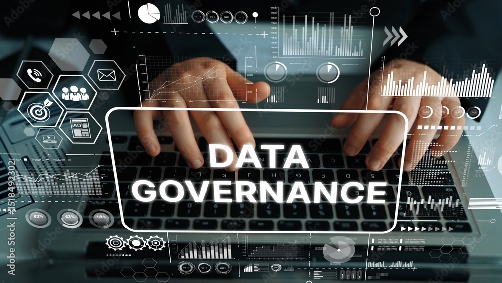 Aufkleber hands on laptop with data governance graphics and analytics visualizations in modern digital environ
