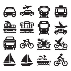 Vector glyph pictograms of travel, logistics, public transit concepts, car, train, bus, bicycle, boat, and airplane black silhouette illustration.