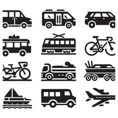  Vector glyph pictograms of travel, logistics, public transit concepts, car, train, bus, bicycle, boat, and airplane black silhouette illustration.
