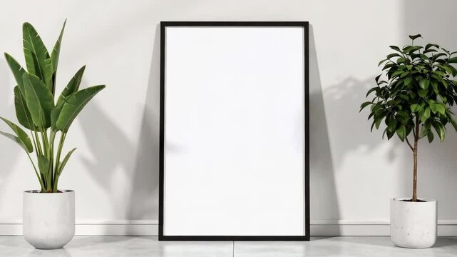 Vertical black frame mockup on marble floor with green plants on both sides and white walls, providing a clean, modern, minimalist presentation.