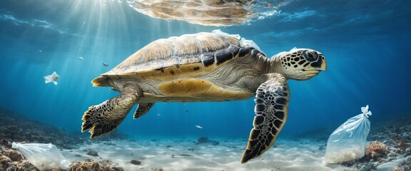 ocean turtle, plastic bags under the sea. Environmental conservation concepts and not throwing garbage