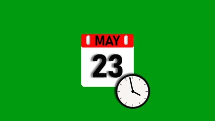 May month 23 date calendar icon illustration. Calendar sign with clock icon background 4k resolution.