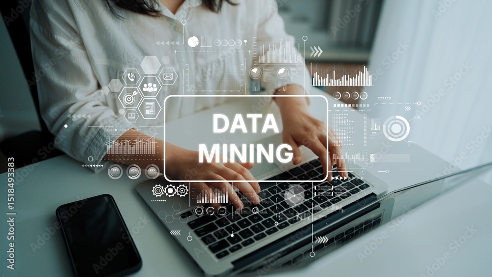Poster hands typing on laptop with data mining concept and digital graphics in modern office environment. a