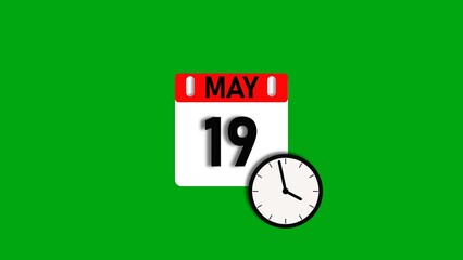 May month 19 date calendar icon illustration. Calendar sign with clock icon background 4k resolution.