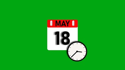May month 18 date calendar icon illustration. Calendar sign with clock icon background 4k resolution.
