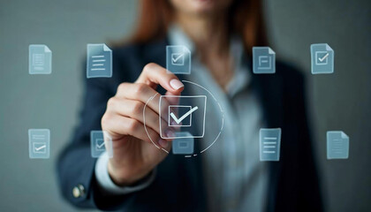 Businesswoman interacting with digital checkmarks and document symbols