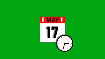 May month 17 date calendar icon illustration. Calendar sign with clock icon background 4k resolution.
