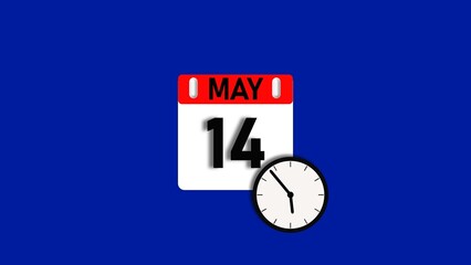 May month 14 date calendar icon illustration. Calendar sign with clock icon background 4k resolution.