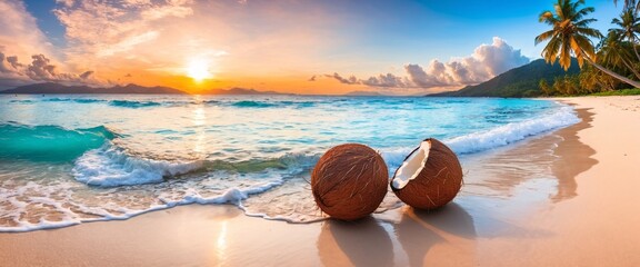 Coconut on exotic sand beach over sea landscape.