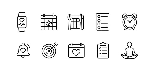 Health and wellness linear icon set. fitness, meditation, planning icons collection