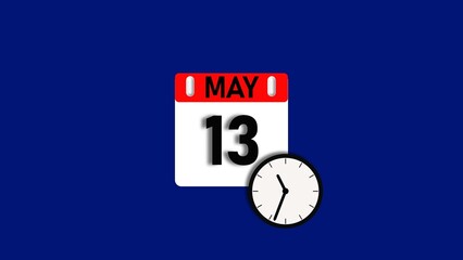 May month 13 date calendar icon illustration. Calendar sign with clock icon background 4k resolution.