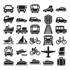  Vector glyph pictograms of travel, logistics, public transit concepts, car, train, bus, bicycle, boat, and airplane black silhouette illustration.