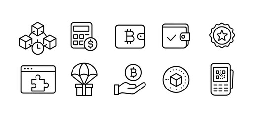 Cryptocurrency and finance icon set. wallet, blockchain, money icons in line style