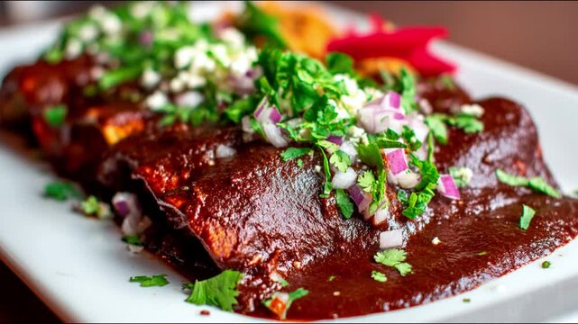 Delicious enchiladas topped with a vibrant mix of fresh cilantro and diced red onion.