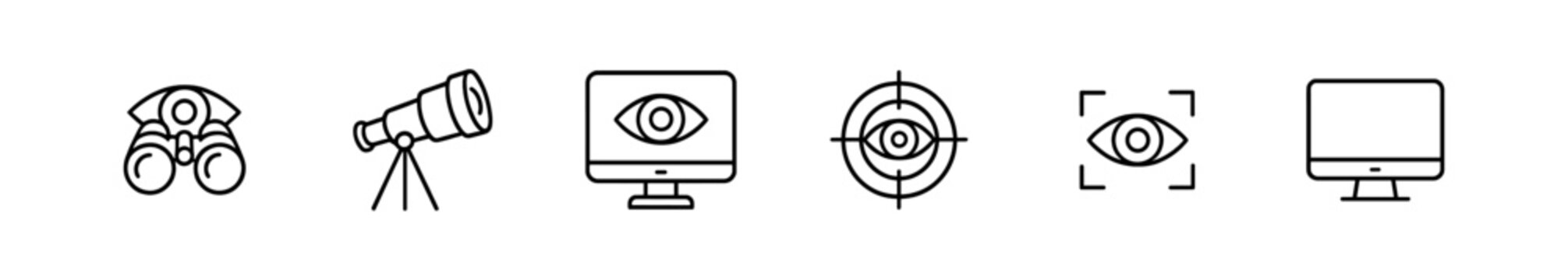 Vision and monitoring outline icon set. binoculars, telescope, target, eye icons