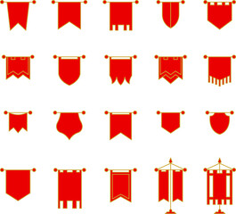 Royal flags icon set. Medieval banners and trophy luxury fantasy, medieval battle flags. Hanging royal banner, castle wall flags vector illustration. regal flagstaff for UI game app design.
