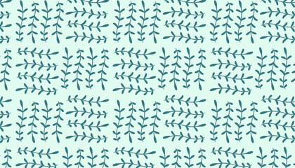 Seamless teal green botanical pattern with simple hand drawn branches and leaves
