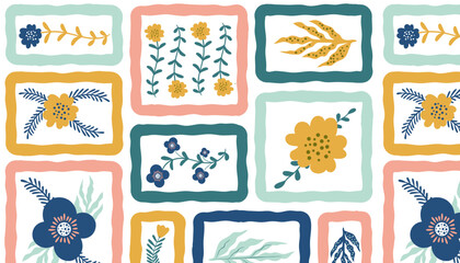 Colorful floral pattern with square frames background illustration