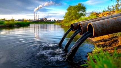 Pipes dump dirty black water into the river next to the plant, visualizing industrial pollution of the natural stream