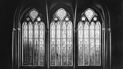 Three gothic windows form an architectural element. The stained glass design features complex geometric patterns in this monochromatic capture.